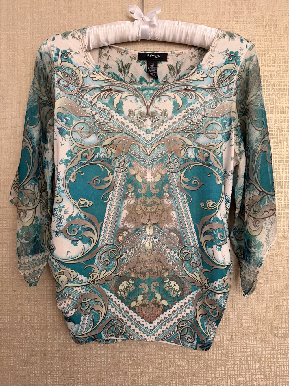 Style & Co. Teal and White Ornate Paisley Print Blouse